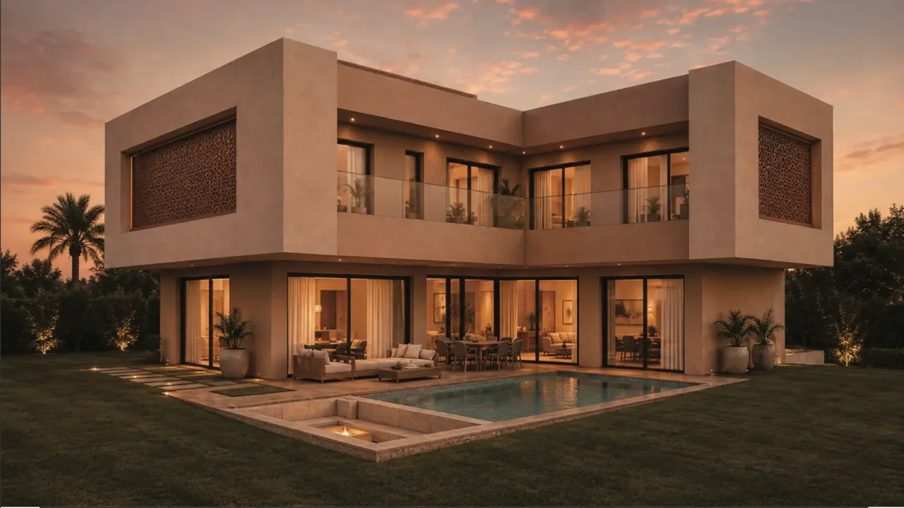 فيلا بتصميم زاوية ومسبح خاص وموقد غائر